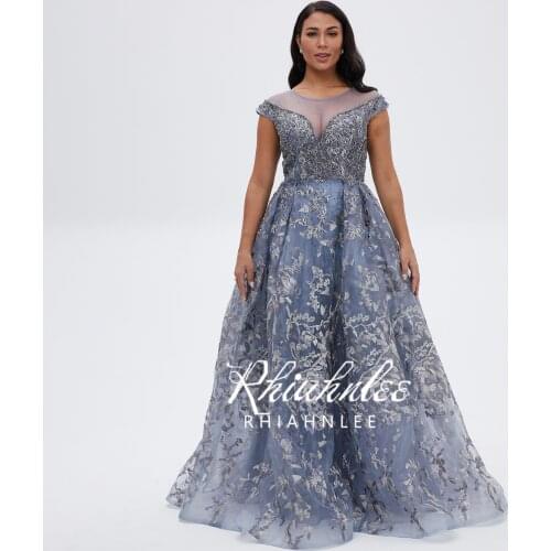 Dubai Blue A Line Scoop Neckline Evening Dresses Beaded Crystal Cap Sleeve Floor Length Party Gowns