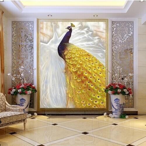 Photo wallpaper Custom white yellow peacock murals living room restaurant hotel Chinese style entrance wallpaper