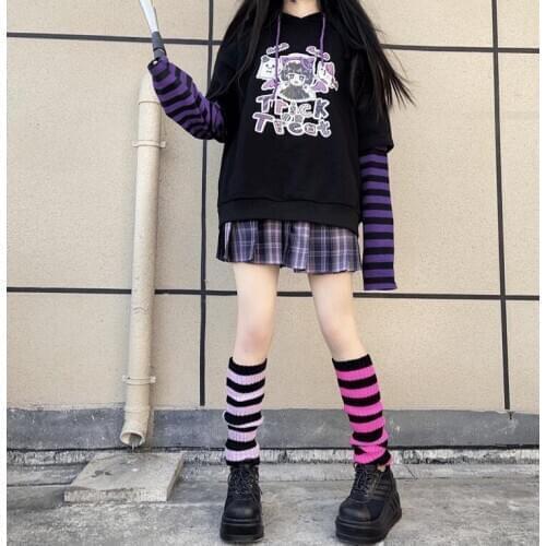 New Spring Autumn Japanese Hot Girl Knee Sleeve Warm Leg Cover Harajuku Stripe JK Handmade Knitted Leg Warmer 7 Colors