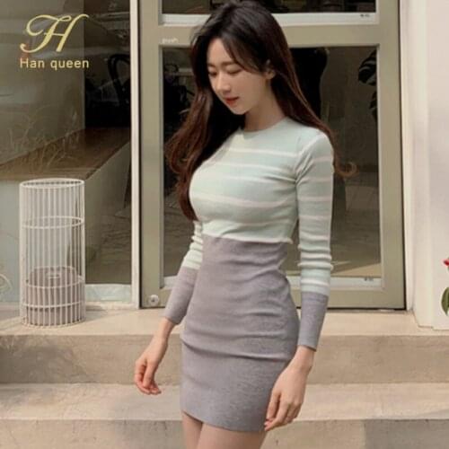 H Han Queen New Contrast Stripes Stretch Knitted Pencil Dresses Simple Work Party Autumn Vestidos Bottoming Bodycon Dress Women