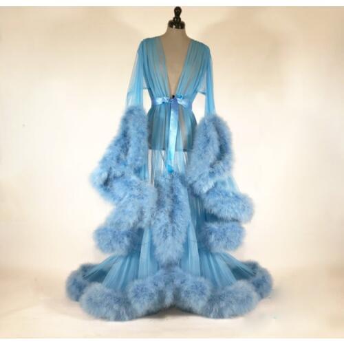 Bathrobe for Women Blue Feather Full Length Lingerie Nightgown Pajamas Sleepwear Womens Luxury Gowns Housecoat Nightwear