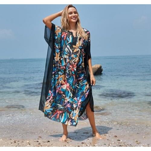 Cotton Kaftan Beach style Bikini cover pullover V-neck Maxi Dress Bohemian Floral Chiffon Patch work Comfy Elegant Loose Caftan