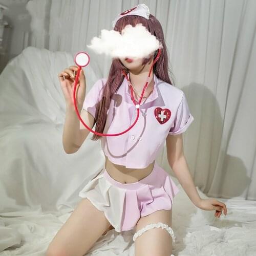 Kawaii Lingerie New Sexy Nurse Cosplay Costumes Pink Transparent Back Mini Skirt Underwear Set Erotic Dress Japanese Uniform