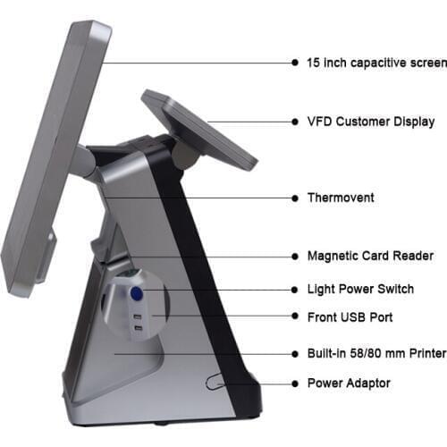 Lottery POS system wth VFD printer POS machine for retailers 15 inch touch screen POS terminal
