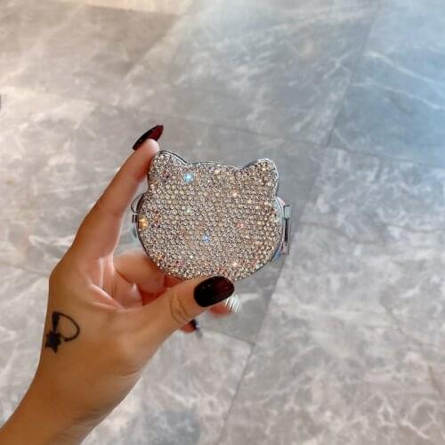 Small Cat Mirror Kawaii Makeup Mirrors with Rhinestone Handheld Pocket Vanity Mirror Bling Hand Mirror Decorative