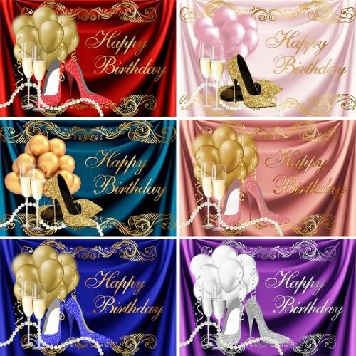 Sweet Pink Blue Birthday Backdrops Shiny Glitter High Heels Champagne Adults Women Birthday Decor Photo Studio Booth Background