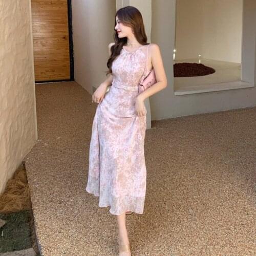 Fashion Summer Korean Vintage Sleeveless Midi Party Dress Ladies Robe Elegant Casual Strap Chiffon Print Beach Vacation Dress