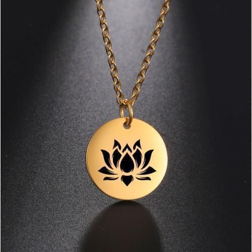 My Shape Buddhist Lotus Flower Stainless Steel Round Pendant Necklaces Choker Chain for Women Vintage Religious Buddhism Jewelry