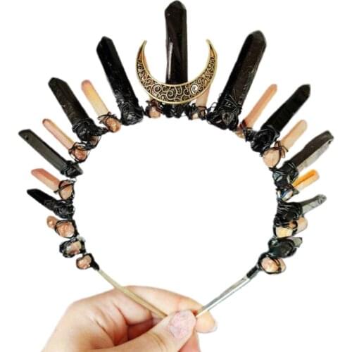 N7MF Boho Antique Moon Jewelry Tiara Crown Headband Bright Raw Crystal Halo Hair Hoop