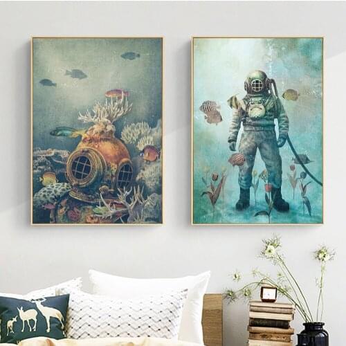 Retro Deep Sea Divers Underwater World Whale Wall Art Prints Poster Painting On Canvas Wall Pictures For Living Room Decoration