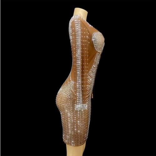 Silver Rhinestones Brown Mesh Stretch Dress Birthday Celebrate Transparent Long Sleeves Outfit Singer Dancer Nightclub Prom