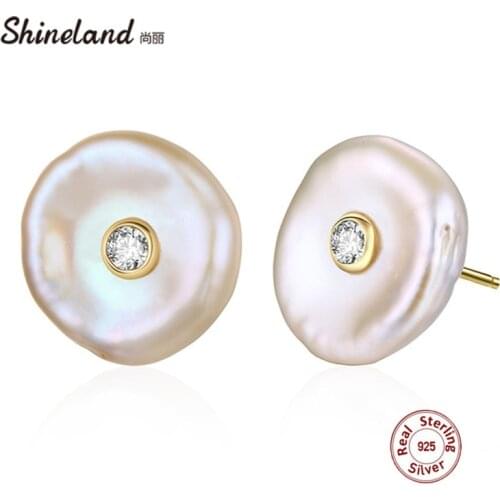 Shineland Baroque Natural Freshwater Pearl S925 Stud Earrings Irregular Shape Brincos for Women Fashion Jewelry