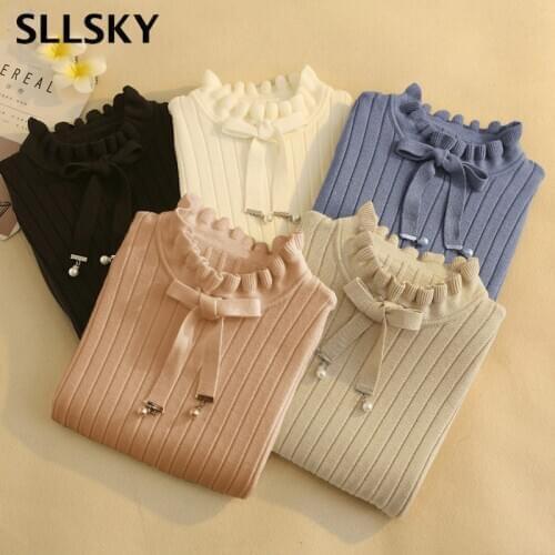Sllsky Casual Spring Slim Sweater Winter Knitted Sweater New Lace Up Flare Long Sleeve Ruffle Knitting Pullover Women Sweaters