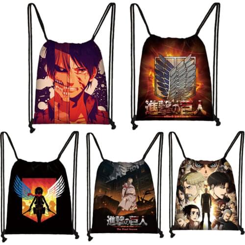 Anime Attack on Titan Scouting Corps Wings Drawstring Bag Black Canvas Backpack Fashion Portable Storage Bag for Men/Women