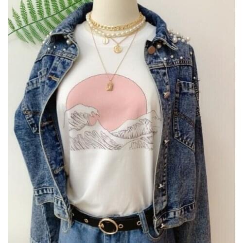 Sunfiz HJN Pink Wave Hokusai Japanese Painting Japanese Wave Style T-shirts for Women Harajuku Tshirt Summer Tee Shirt