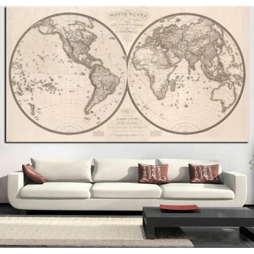 Vintage Poster Print Earth Moon World Map Painting Eastern Western Hemispheres Modern Wall Picture for Living Room Cuadros Decor