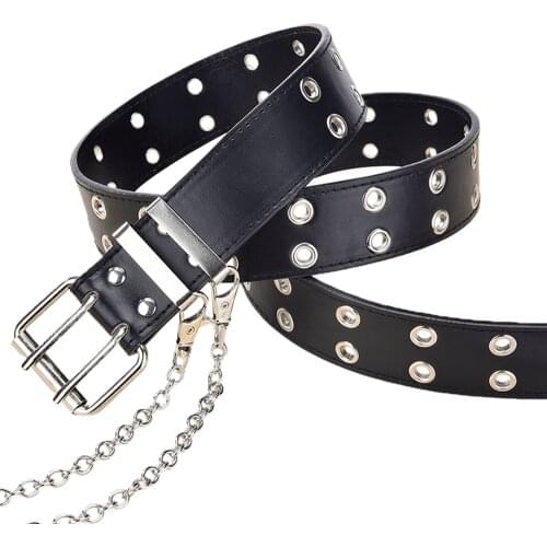 Womens Single Double or Rivet Grommet Belt, Punk Waist Belt with Chain Detachable 2 Hole Belt