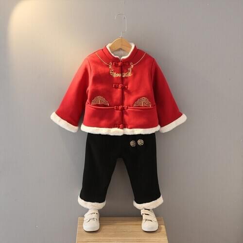 Winter Boys Chinese National Style Sets Plus Cashmere Warm Coat+trousers 2PCS Traditional Tang Dynasty Boy Hanfu Son Kid Clothes