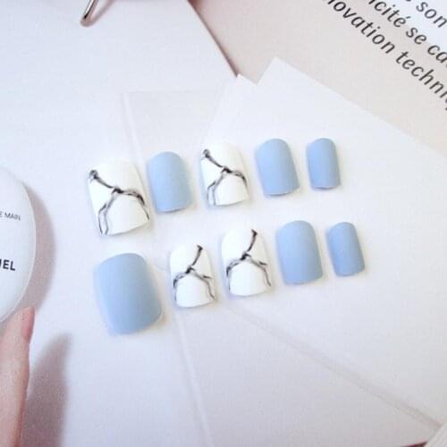 2 Colors Fake Nail Patch Jelly Inlaid Diamonds Marble Gradient Red Blue Matte Glossy Full Cover With Gel Durable Nail Art Tool