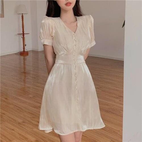 Satin Dresses Women Summer Puff Short Sleeve Sexy V-Neck Button Solid Color Vintage French Mini Dress Female vestido de mujer