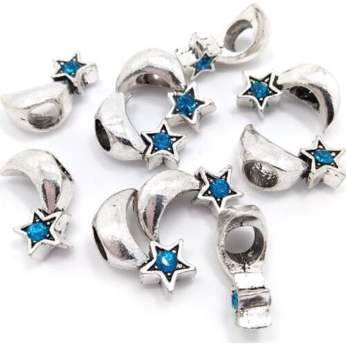 Free Shipping 50pcs 17x11mm lake blue rhinestone silver color alloy star moon ship shape beads fit European bracelet charms DIY