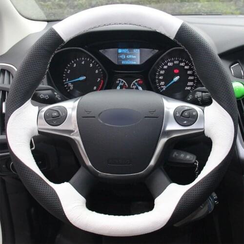 White Black Leather DIY Steering Wheel Cover For Ford Focus 3 2012-2014 KUGA 2013-2016