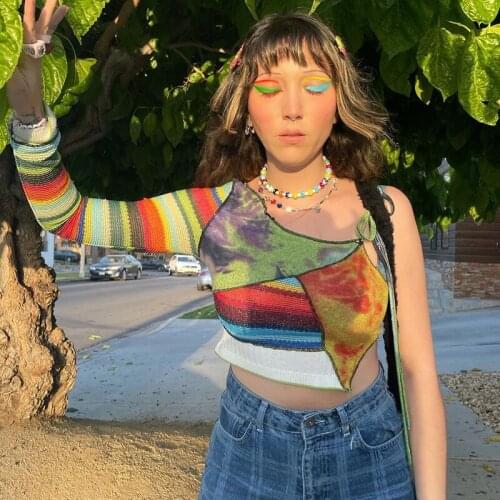 Womens Sexy Fashion Long Sleeve Color Block Tie Up Knit T-Shirts Patchwork Stitch Crop Tops Knitting Fabric Summer Fall Spring