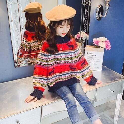 Girls red Sweaters Casual Knitted Sweaters For Girls Cartoon Pattern Costumes Children Knitwear Tops 4 6 8 10 11 12 Years