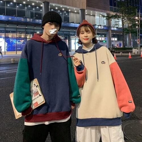 2020 Winter Mens Fashion Loose Coats Splicing Color Pullover Thickened Plush Hooded Hoodies Casual Cotton Clothes Sweatshirts