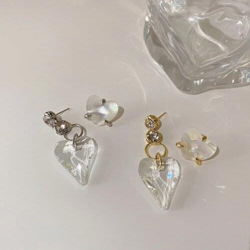 Origin Summer Fashion Asymmetric Love Heart Dangle Earring for Women Statement Shell Rhinestone Transparent Earring Jewelry
