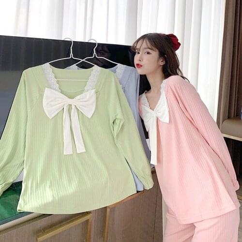 2021 Autumn Cotton Sweet Lace Princess Pajama Sets for Women Long Sleeve Cute Bow Sleepwear Pyjama Homewear Pijama Mujer Clothes