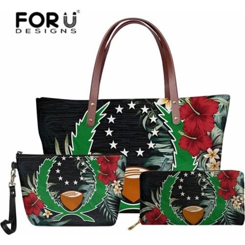 Pohnpei Handbags for Women 2021 Designer Luxury Polynesian Hibiscus Ladies Shoulder Handbags and Leather Purses Set of 3pcs