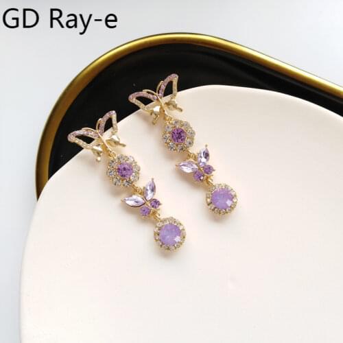 New 2021 Spring Summer Super Fairy Elegant Luxury Pretty Purple Jewelled Butterfly Dangle Earrings 1151