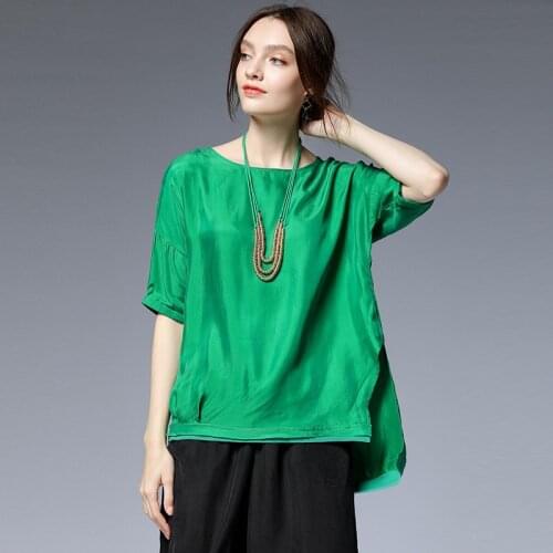Summer Cupro silk tops2020 new oversized women round neck shirt with necklace soft skin-friendly comfortable split end smoothly