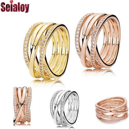 Seialoy Rose Gold Twine Rings For Women Girls Original Fine Rhinestone Couple Stackable Wedding Jewelry Anniversary Rings