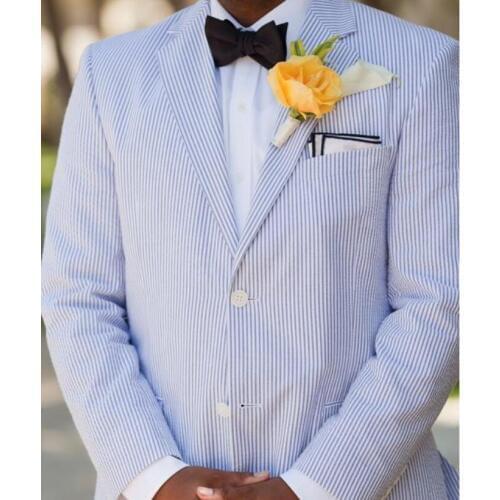 Blue Stripes Seersucker Tuxedo Designs Mens Prom Suits Slim Men Suit Jacket Wedding Suits For Men Custom Made Men Blazer(Jacket