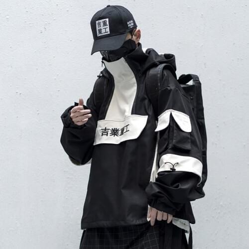 April MOMO Patchwork Hip Hop Streetwear Hoodies Men 2021 Color Block Mulit Pockets Harajuku Japanese Hooded Jackets Coats