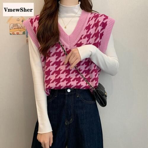VmewSher New Women Houndstooth Vest Sweater Casual V Neck Sleeveless Autumn Winter Jumper Knitted Preppy Style Pullover Tops