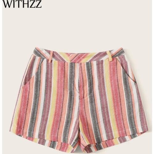 WITHZZ Summer Womens Shorts Rainbow Striped Pocket Casual Mid-waist Shorts