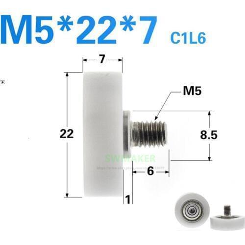 1pcs M5*22*7mm plastic-coated 625 bearing pulley, M5 external thread screw, drawer display cabinet guide wheel POM flat