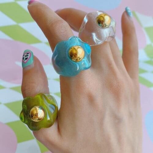 10pc/pack Chunky Resin Flower Ring W/ Stud size 8 Y2k 90s Statement Band 17mm Clear/Blue/Pink Plum Blossom Shape Ring LL49V