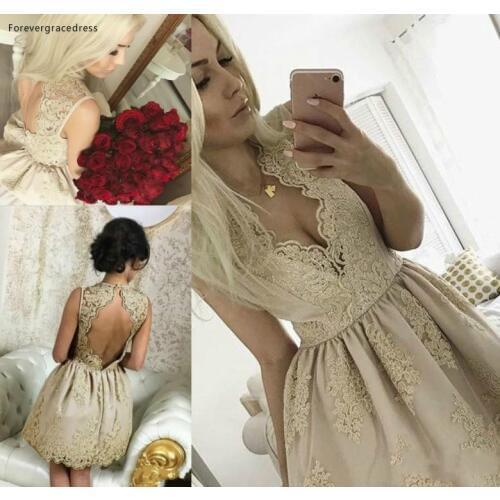 2019 Cheap Champagne Lace Short Cocktail Dress A Line Keyhole Juniors Sweet 15 Graduation Party Dress Plus Size