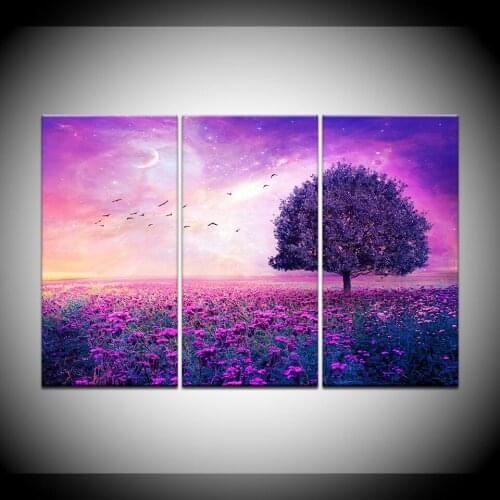 3 panel Tree on Purple Flower Sea Creative Canvas Painting Bird Sky on Canvas Landscape Wall Art Picture Living Room Home Decor