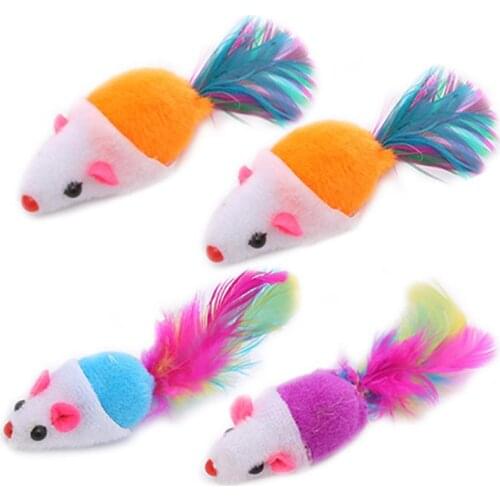 4pcs Faux Feather Cat Toy Mice Plush Small Mouse Interactive Play Teeth Grinding Toys Plush Pet Kitten Chewing Toy Pet Supplies
