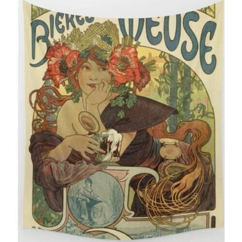 Alfons Mucha Art Nouveau Beer Ad Tapestry Wall Hanging Wall Decor Bedspread Bedding Curtain Sheet Towel Throw Breathable