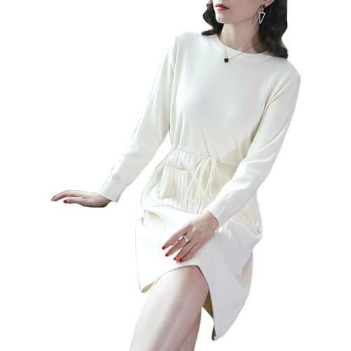 White O-Neck Sweater dress women fashion Loose Long sleeve Knee-Length dress spring new Casual Pockets knitting dress women