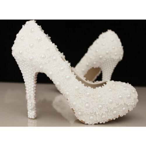 Free Shipping Elegant 4Inches High Heels White Lace Beading Wedding Shoes Bridal Shoe Bridesmaid Shoes Woman Formal Dress Pumps