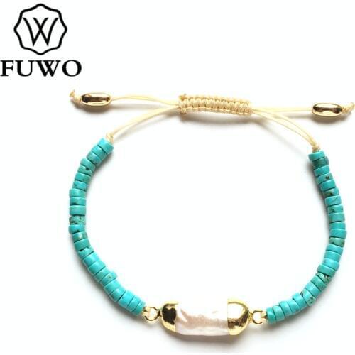 FUWO Natural Pearl Turquoises Bracelet with Gold Trimmed Fashion Freshwater Pearl Bracelet Boho Jewelry Gift For Women BR516