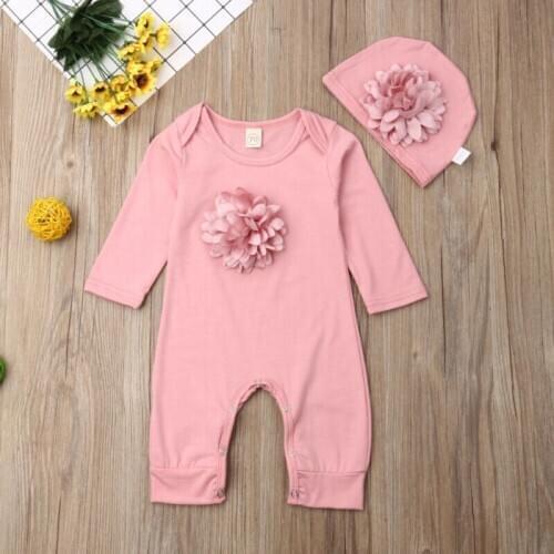 0-18M Baby Flower One-piece Romper Newborn Baby Kid Girl 3D Flowers Long Sleeve Romper Jumpsuit Hat Clothes