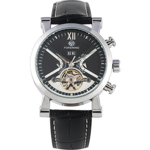 Mens Business Automatic-self-winding Mechanical Watch Stainless Steel Skeleton Calendar Display Practical Leather Strap Watch